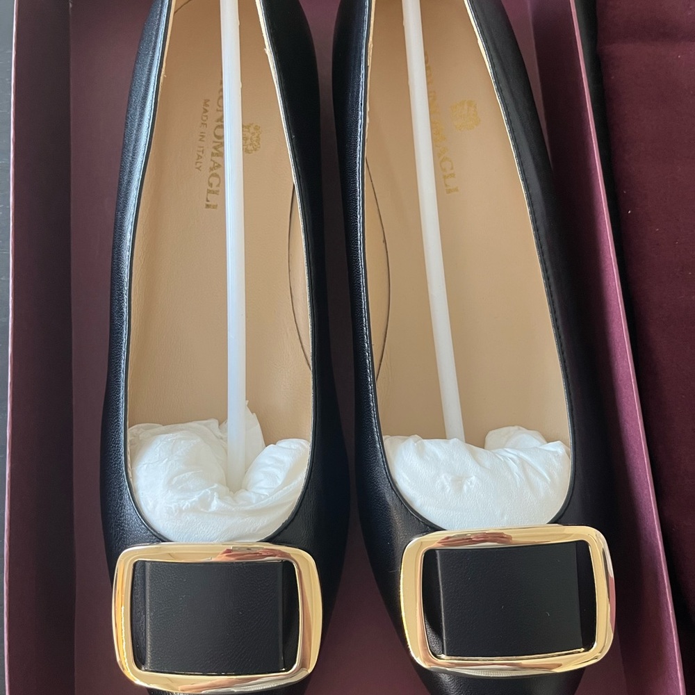 Bruno Magli Black Leather Flats with Gold Buckle